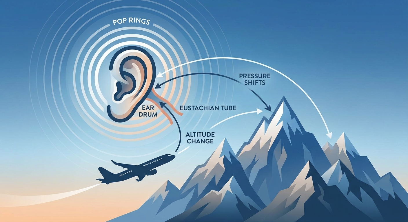 Travel and altitude triggers: ear with pop rings, plane silhouette, and mountains indicating pressure shifts