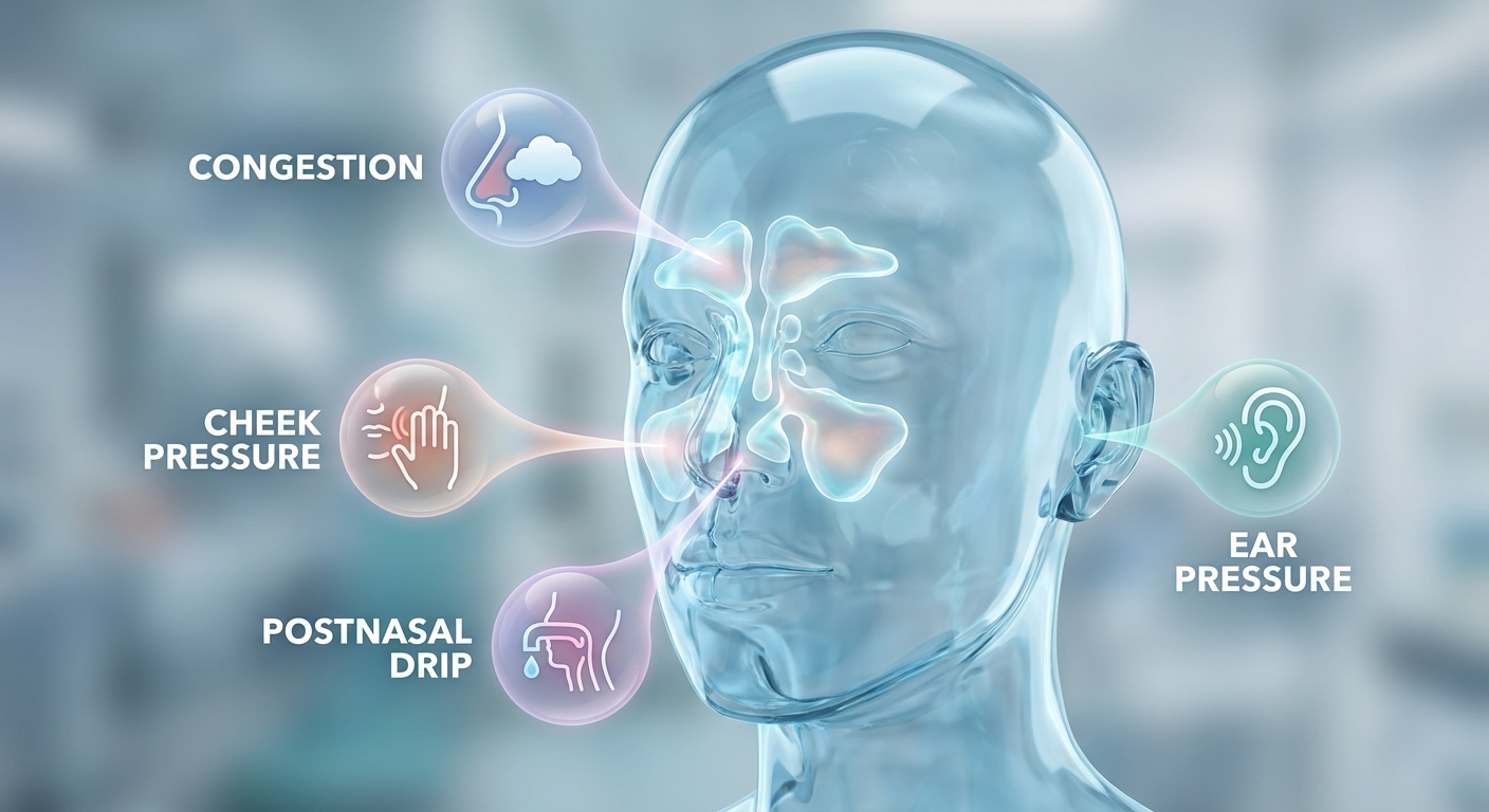 Core sinus symptoms: congestion, postnasal drip, cheek pressure, ear pressure