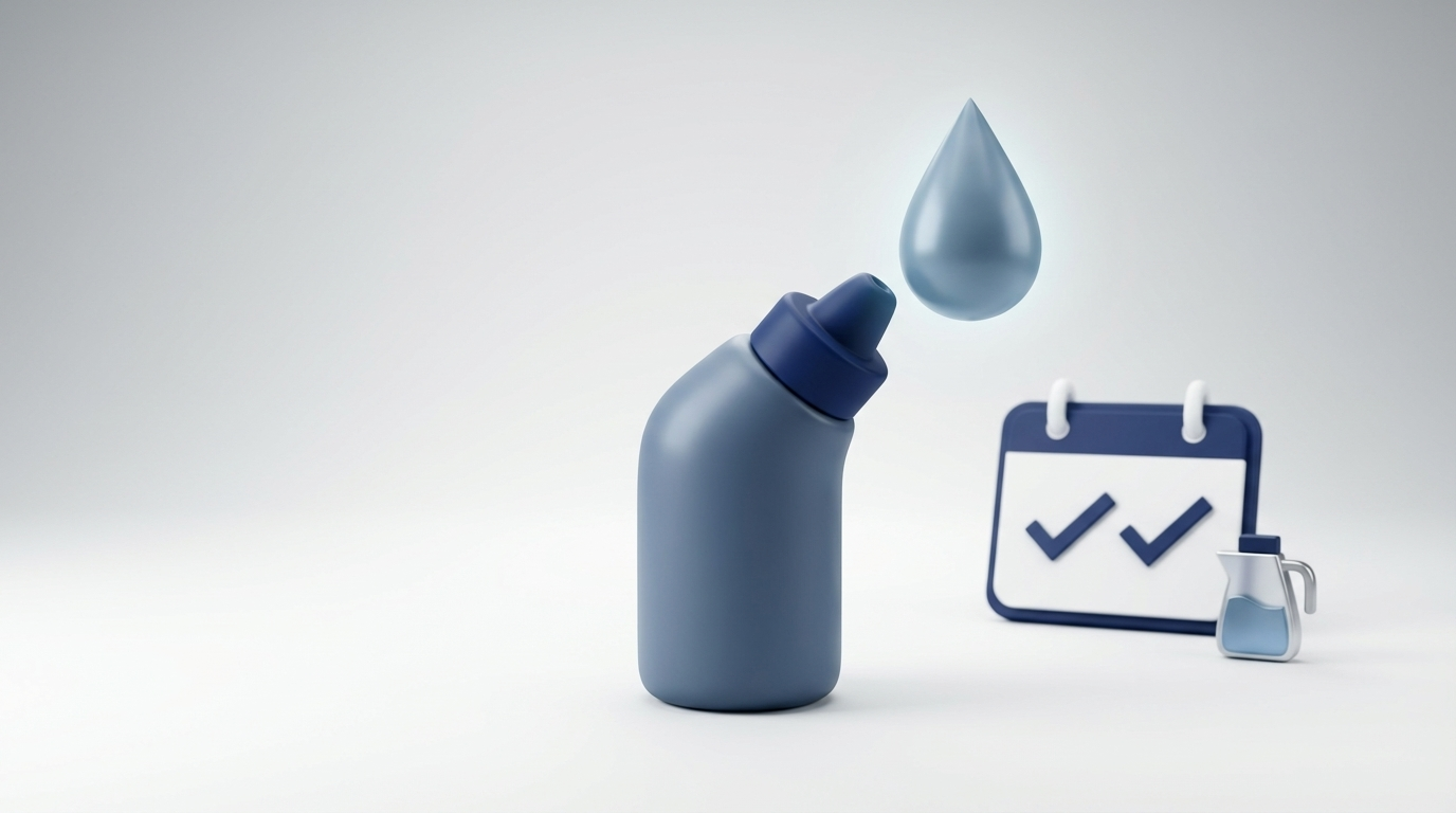 Saline rinse bottle with droplet, calendar, and distilled water icon