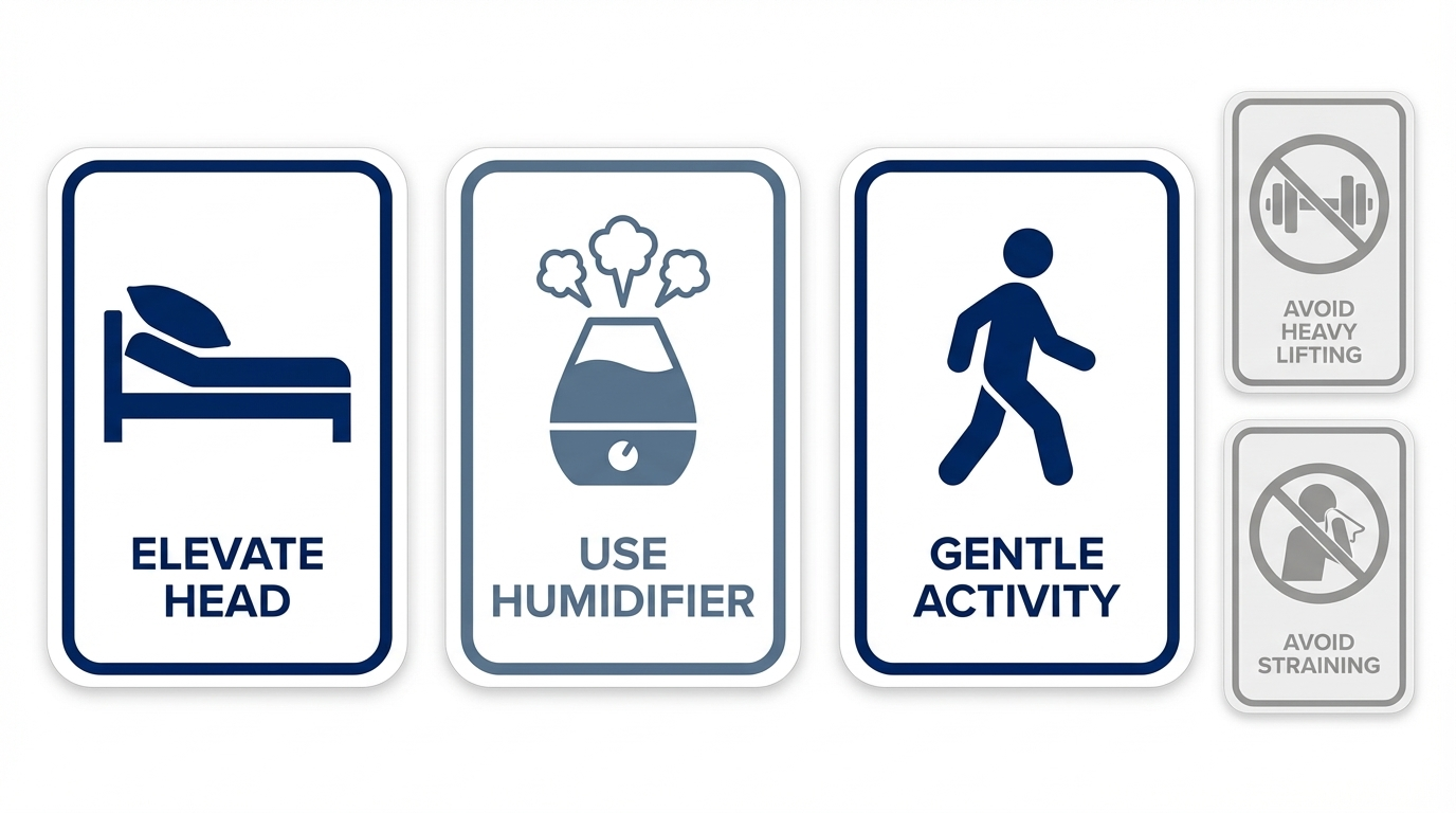 Comfort tips cards for sleep, humidifier, gentle walking, and what to avoid