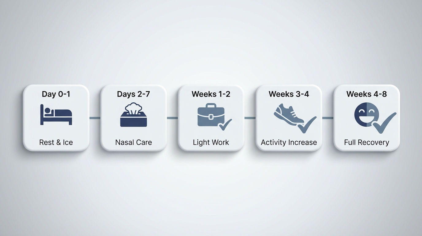 Week-by-week recovery timeline icons from Day 0–1 to Weeks 4–8