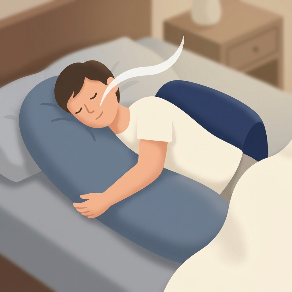 Positional therapy scene with person side-sleeping using pillow and bumper