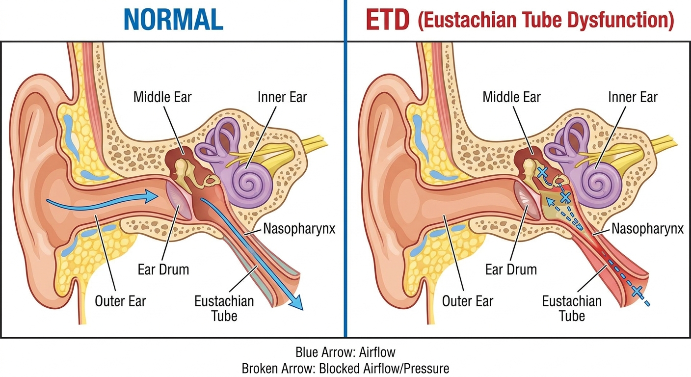 Normal vs ETD comparison with ear cutaways: open tube vs narrowed tube with disrupted airflow