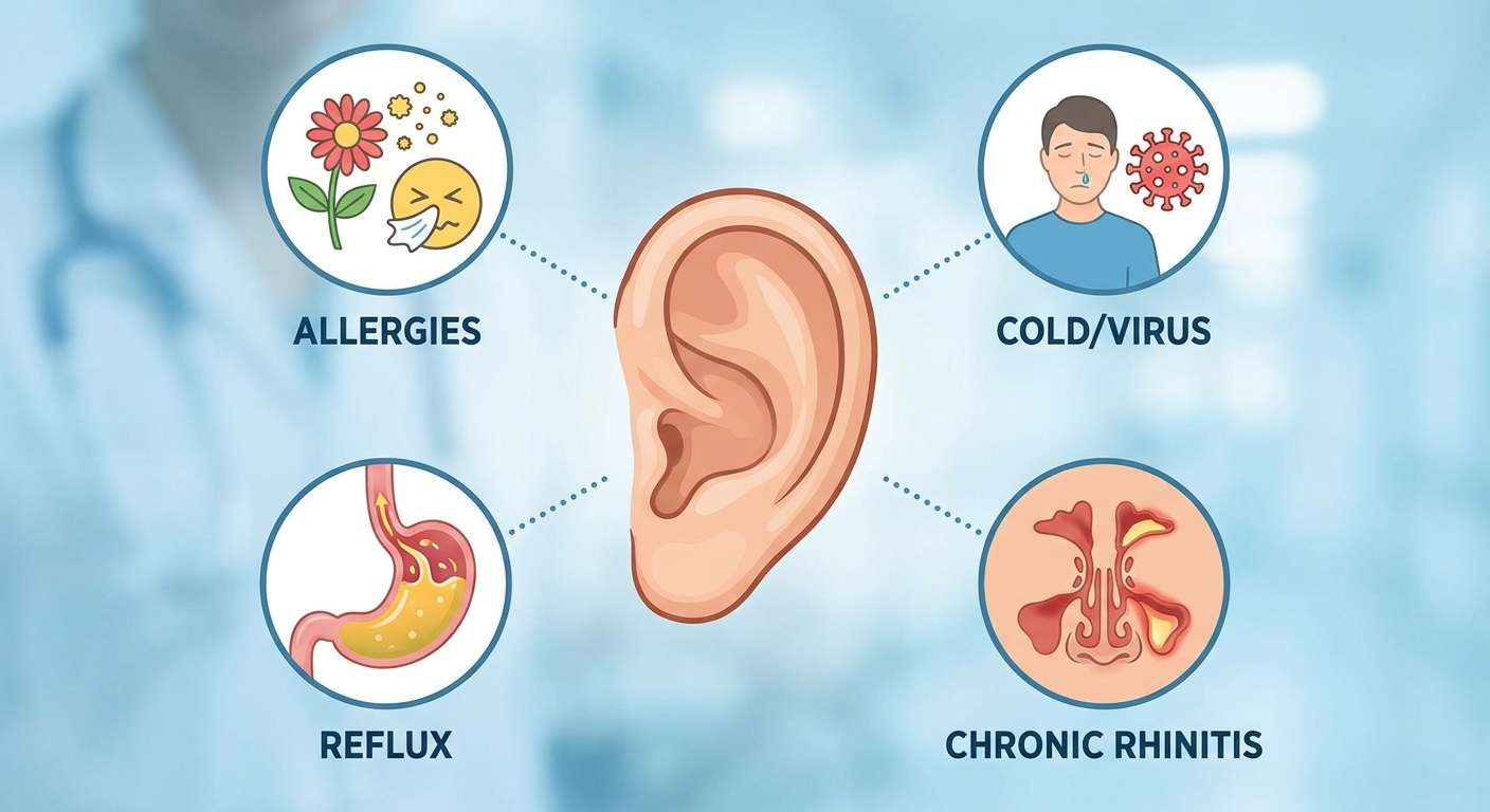 Common causes around an ear: allergies, cold/virus, reflux, chronic rhinitis connected by dotted lines