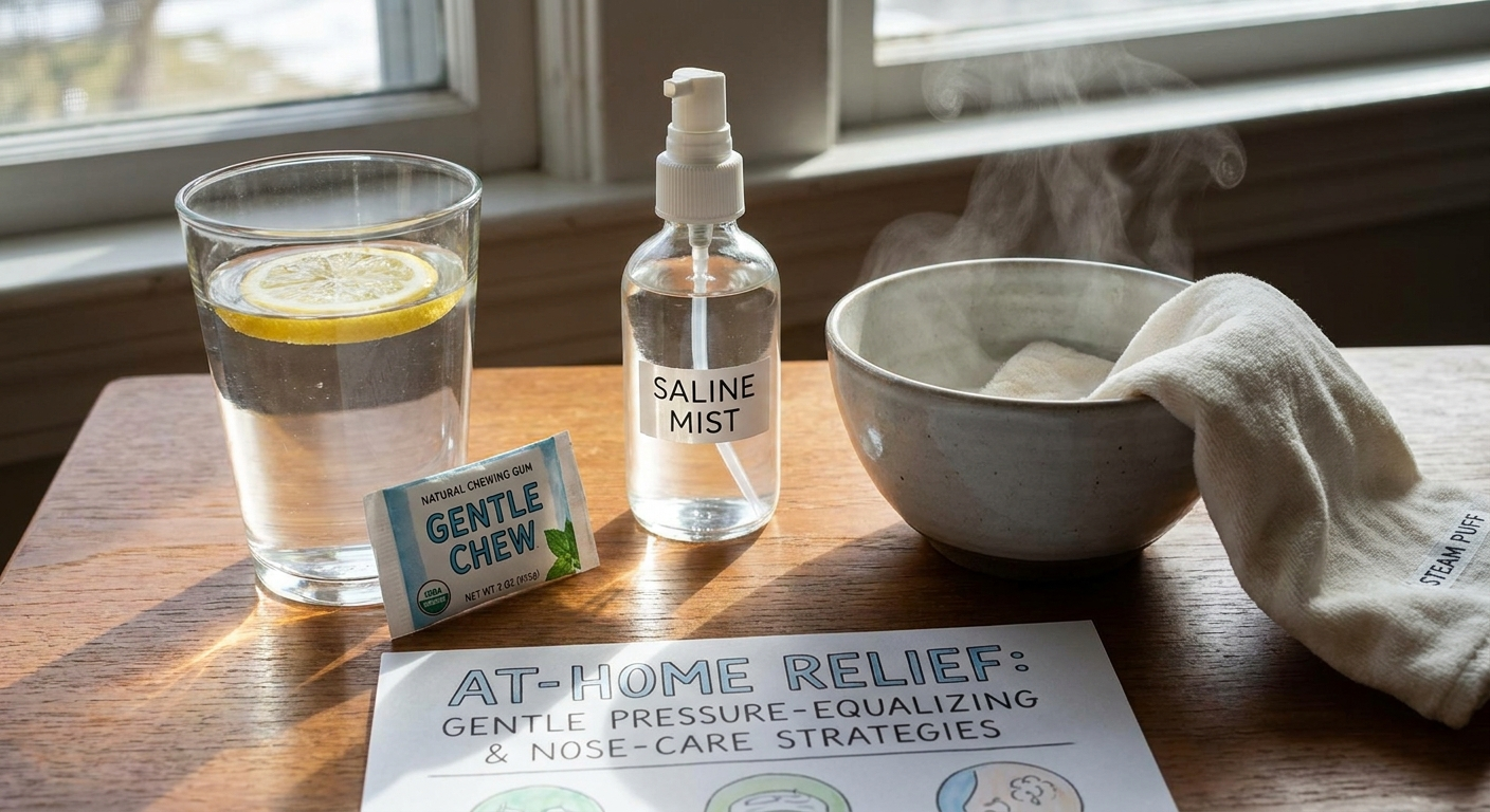At-home relief items: water, gum, saline spray, and steam
