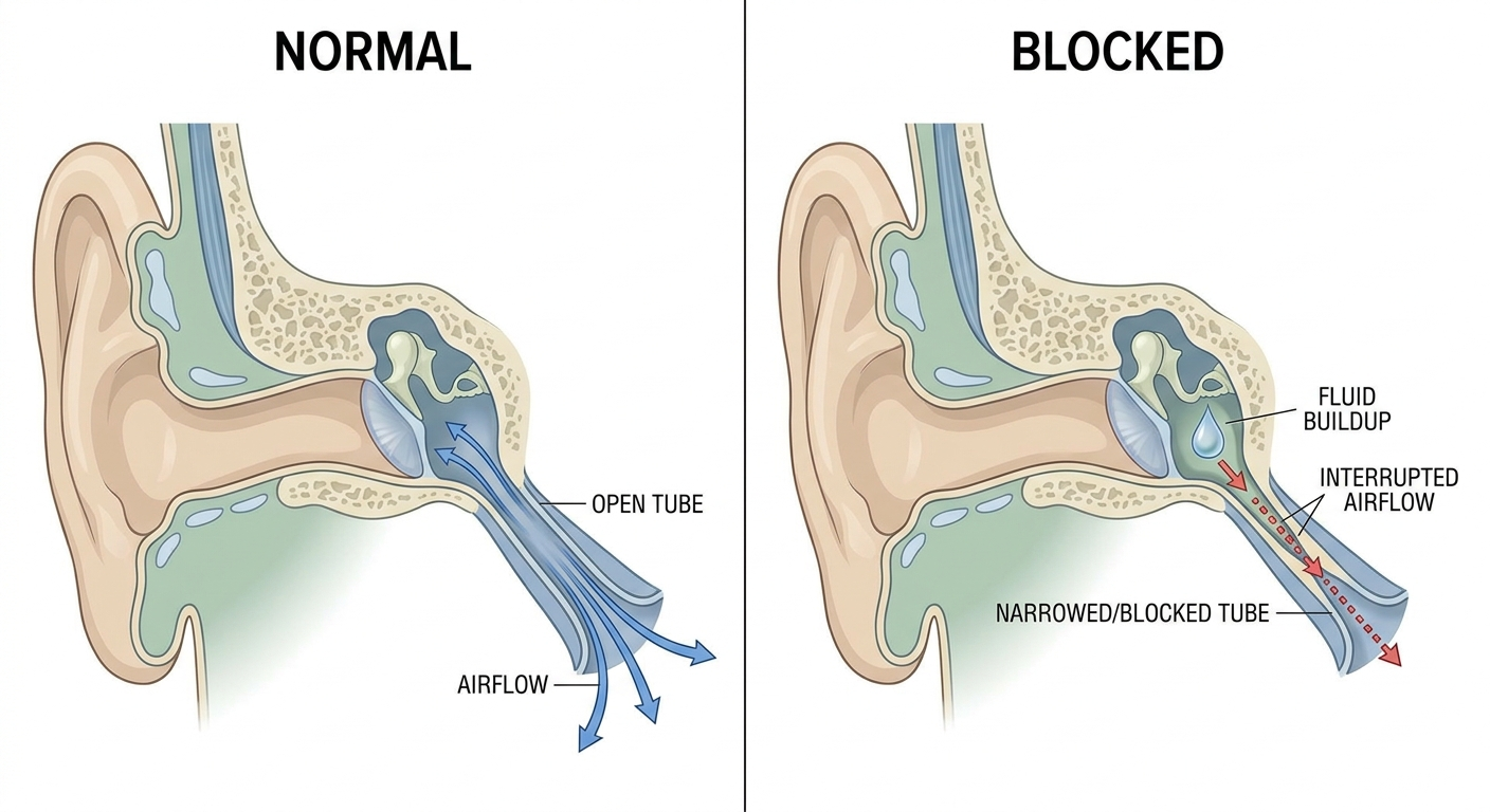 Normal vs blocked Eustachian tube cutaways showing airflow vs blockage