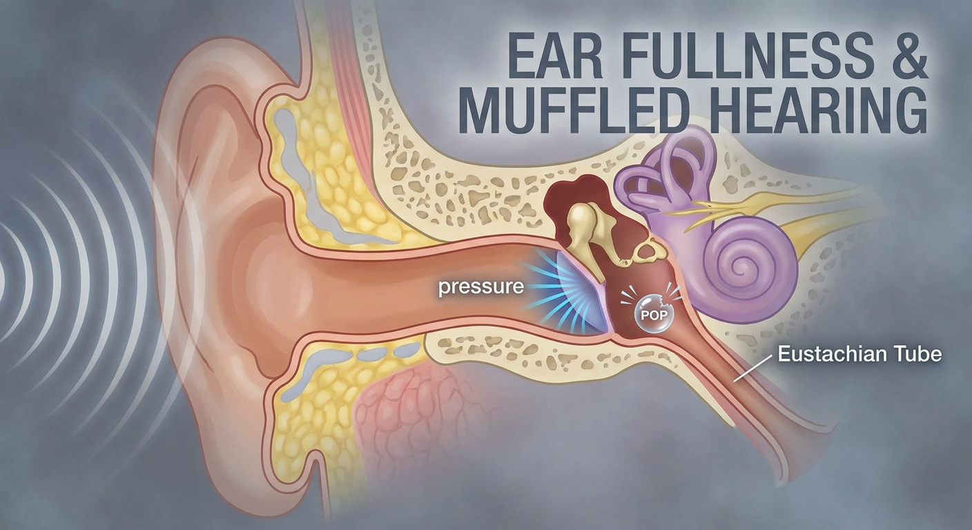 Illustration of ear fullness and muffled hearing with pressure and pop cues