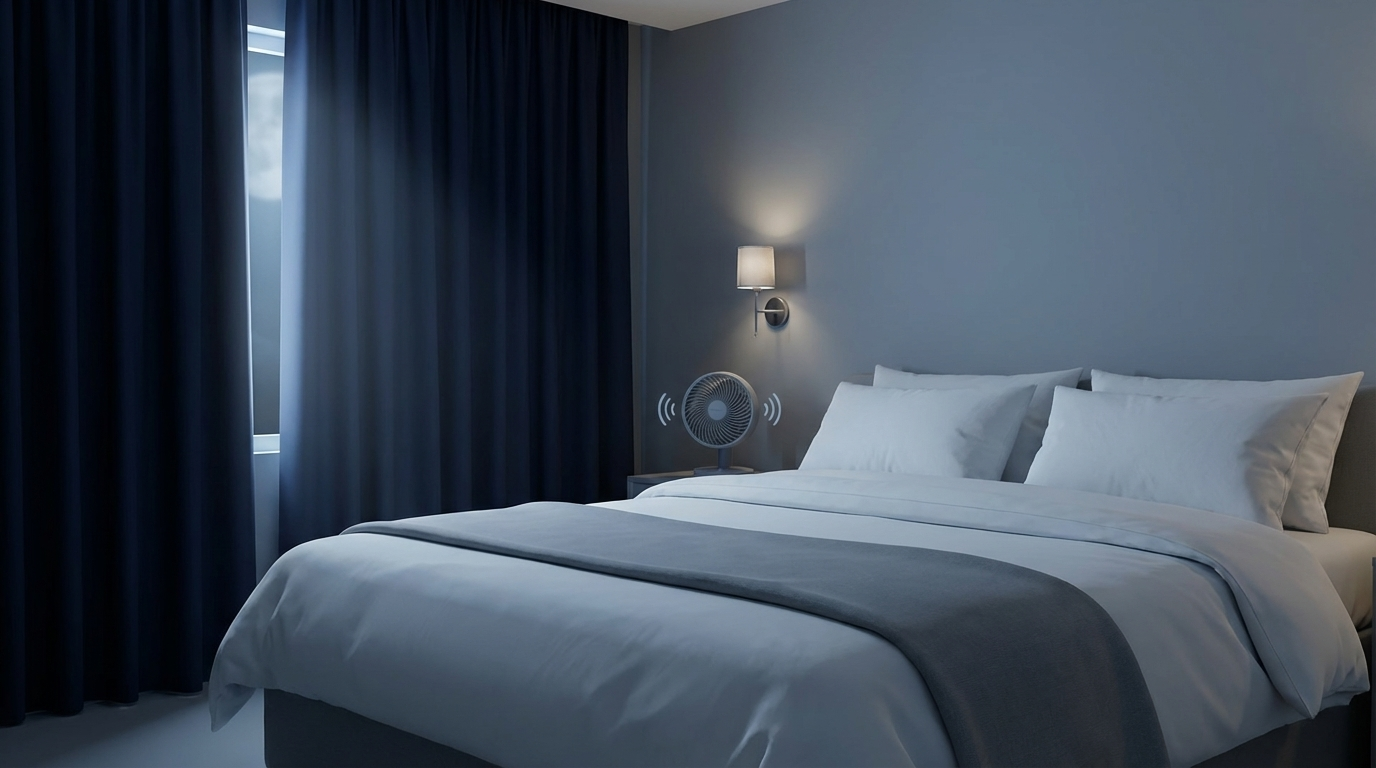 Calm bedroom with blackout curtain and dim lighting
