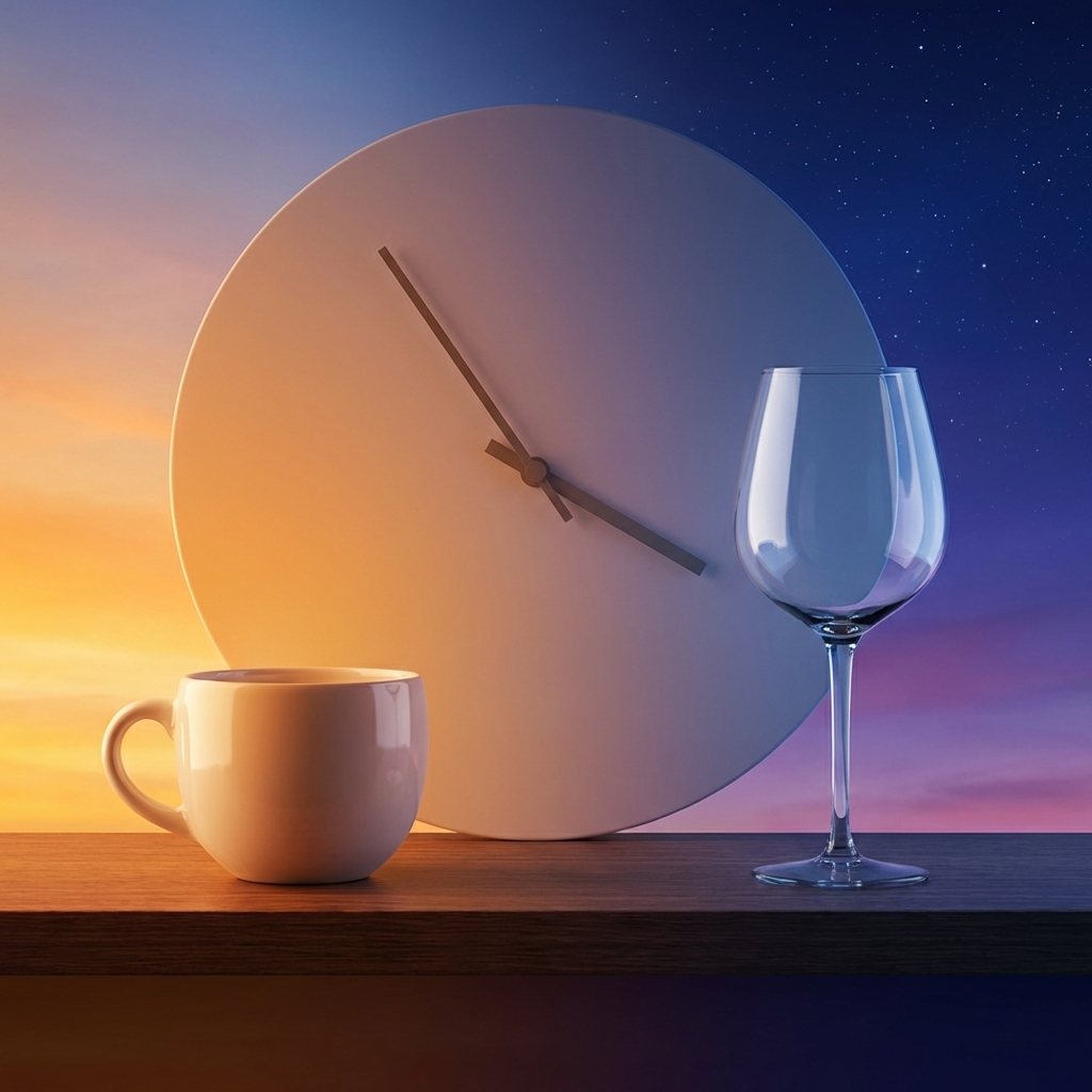 Coffee cup and wine glass with clock showing afternoon-to-night timing