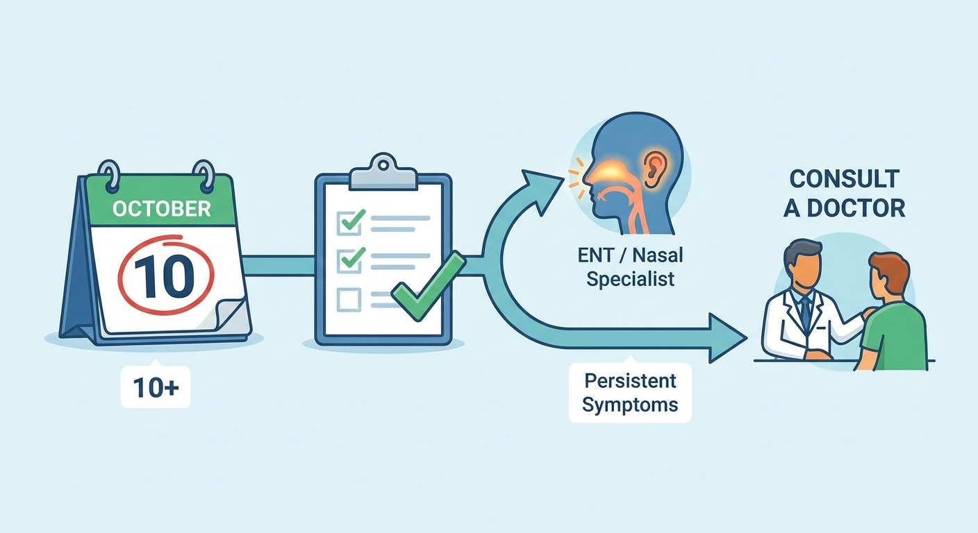 When to see a doctor: Day 10+ calendar, ENT icon, and guidance