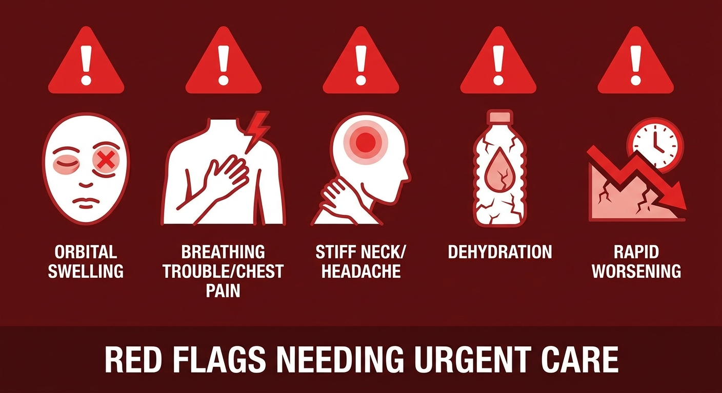 Red flags: orbital swelling, breathing trouble or chest pain, stiff neck with headache, dehydration, rapid worsening