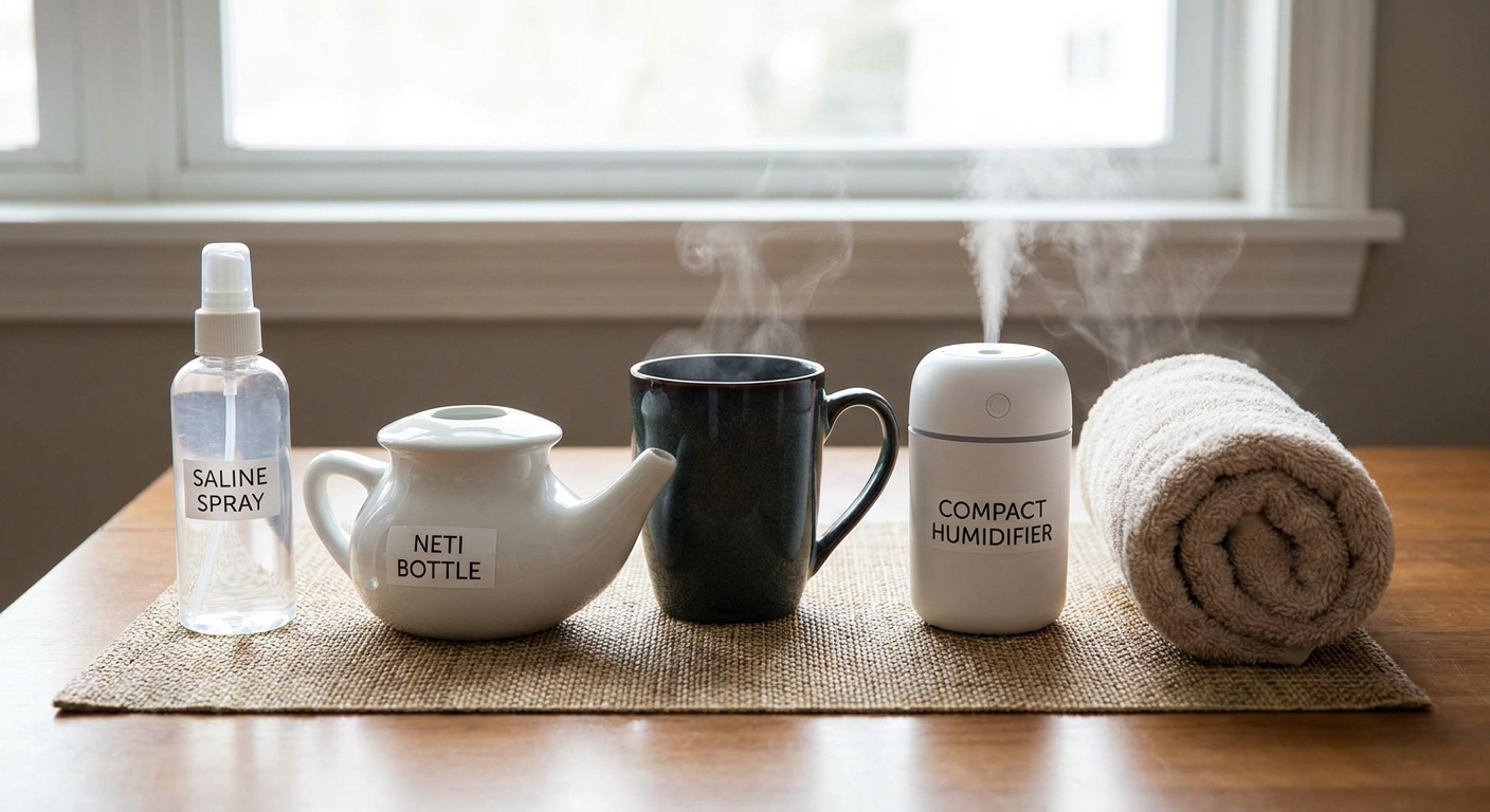 At-home relief kit: saline spray, neti bottle, steaming mug, humidifier, warm compress