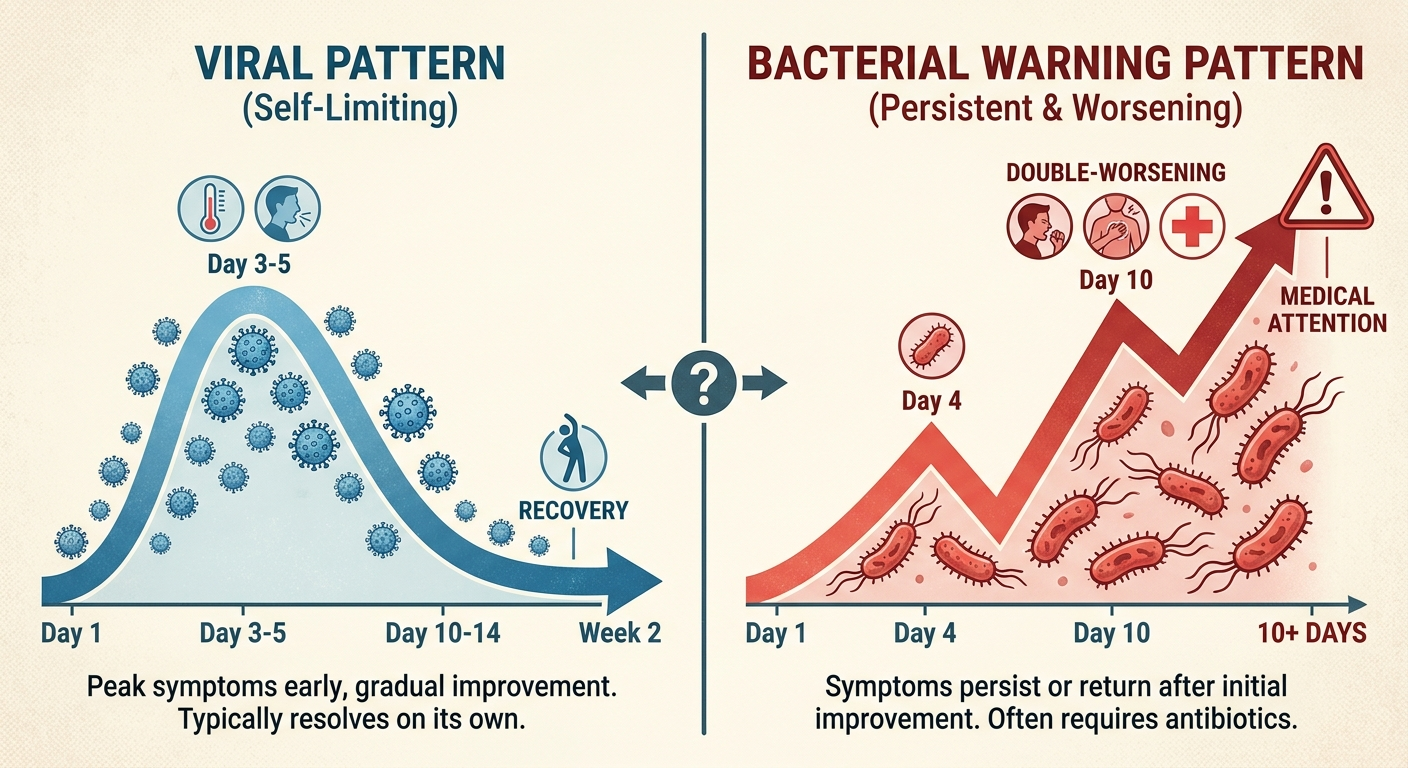 Viral vs. bacterial patterns: viral 1–2 weeks vs. bacterial 10+ days or double-worsening