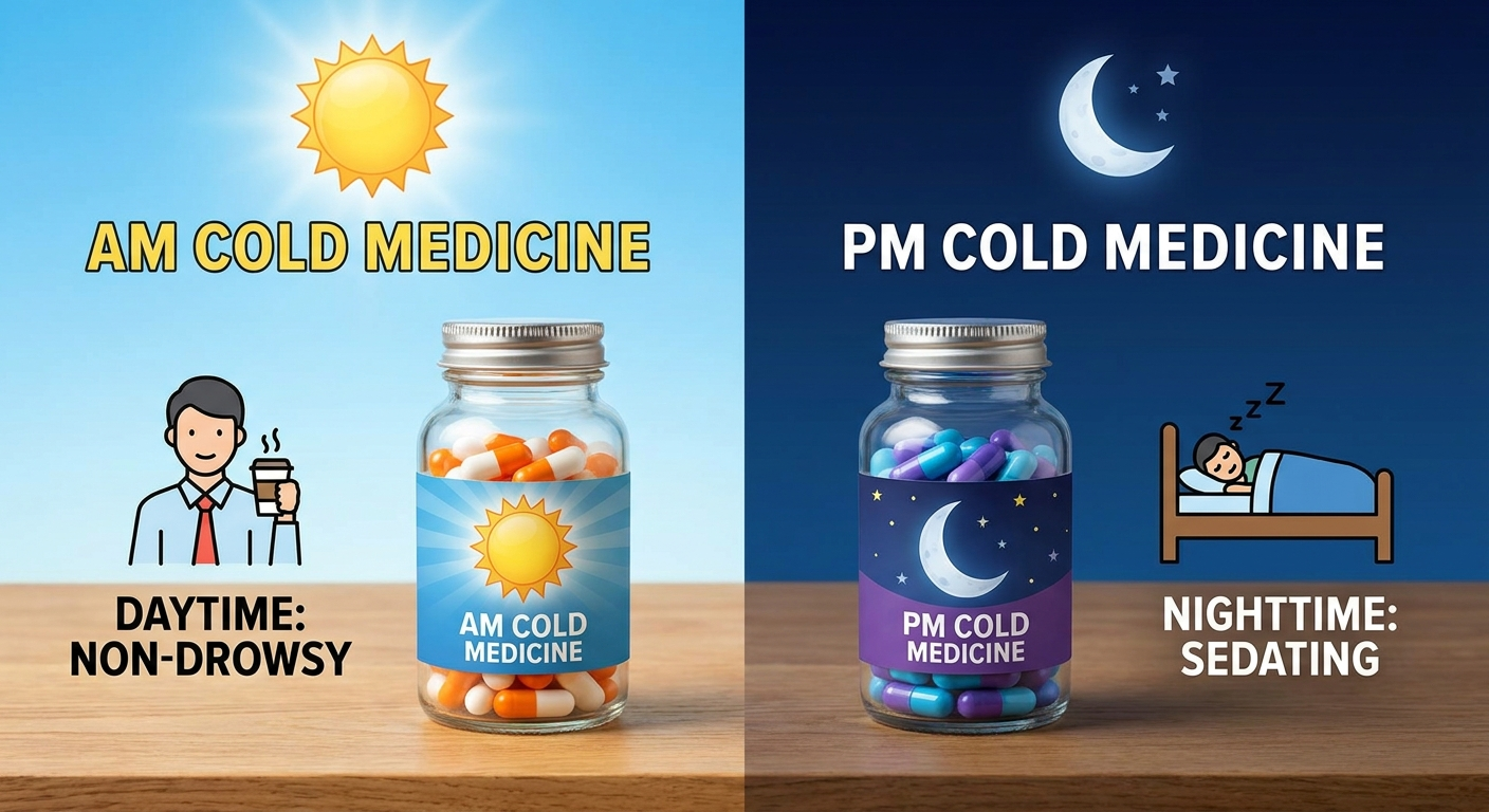 AM vs PM cold medicine difference with sun and moon icons