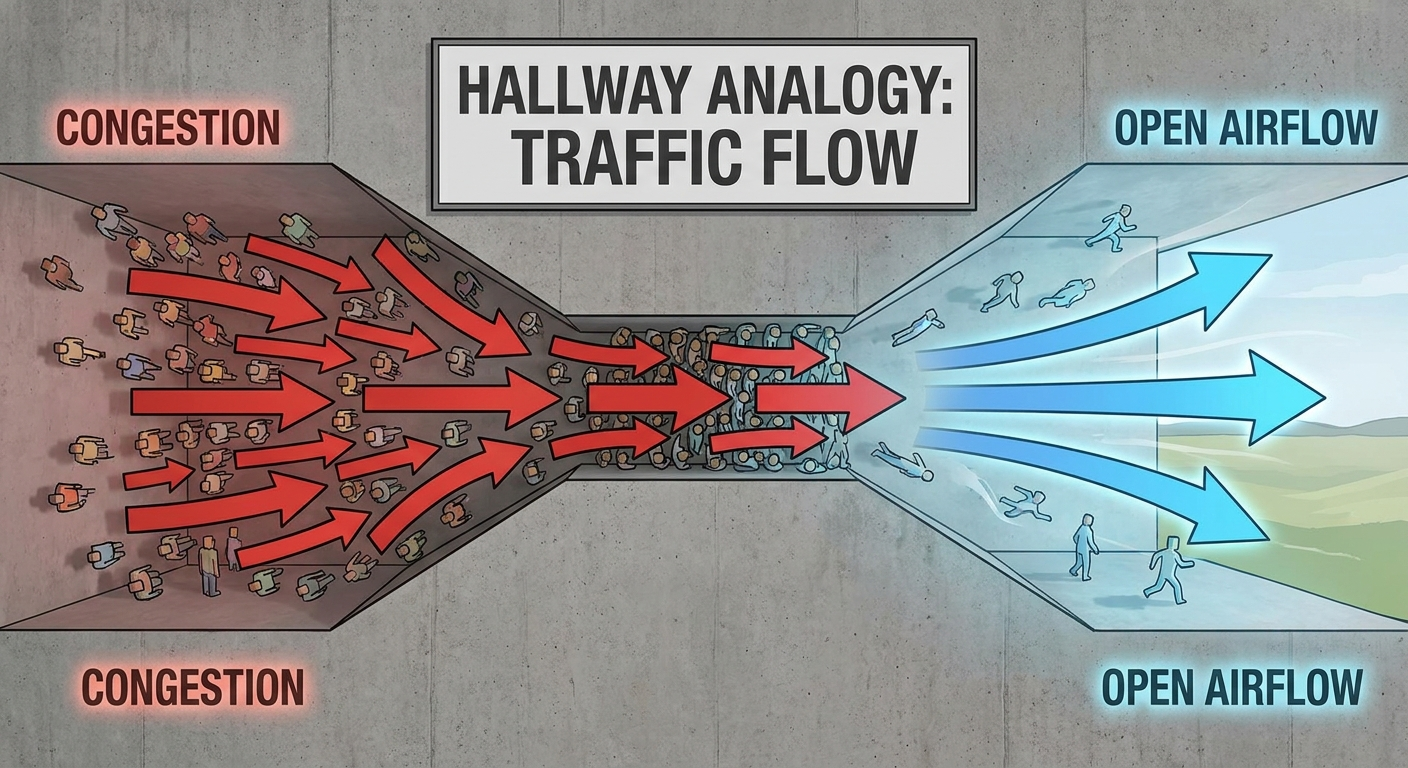 Hallway analogy of congestion with airflow arrows
