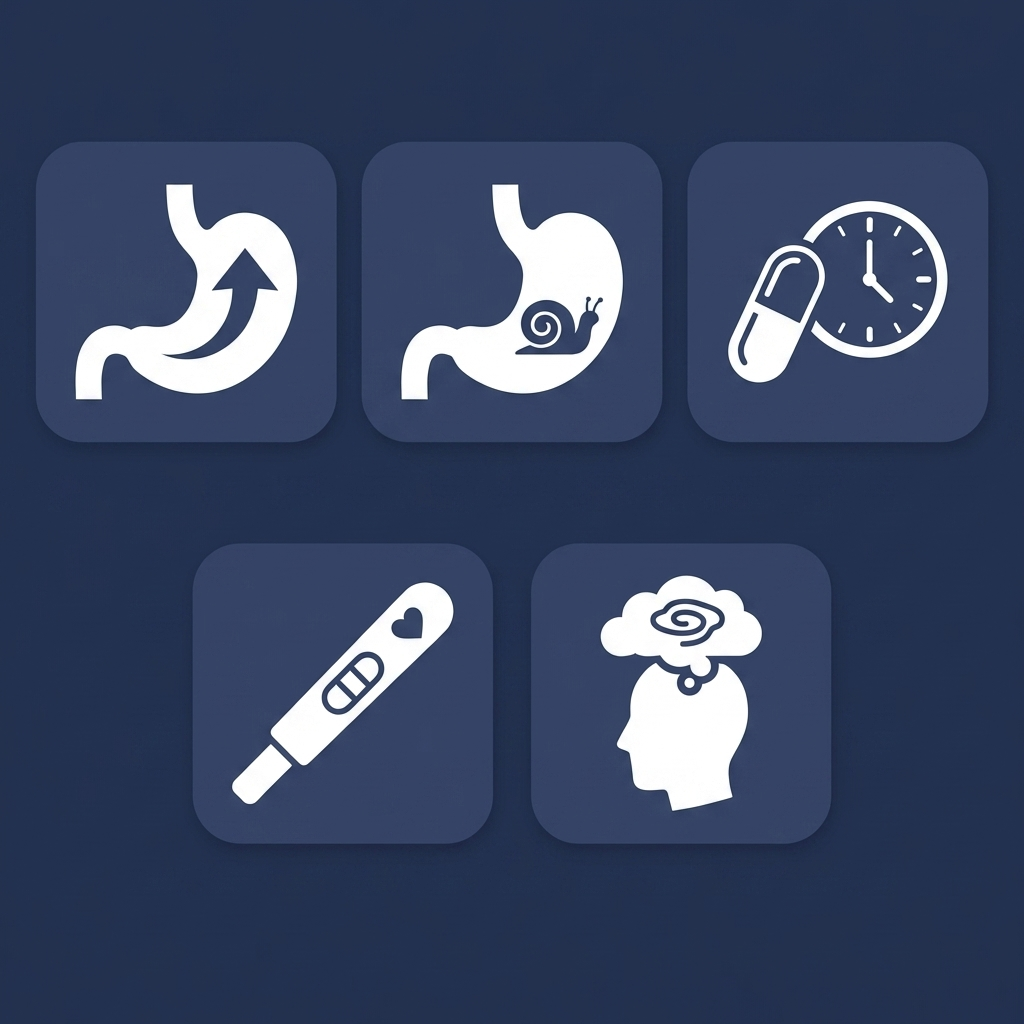 Icons showing common nighttime nausea triggers: GERD, gastroparesis, medication timing, pregnancy, stress/anxiety.