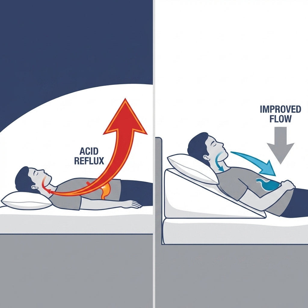 Flat bed vs elevated wedge pillow showing reflux worsening when flat and improving when elevated.
