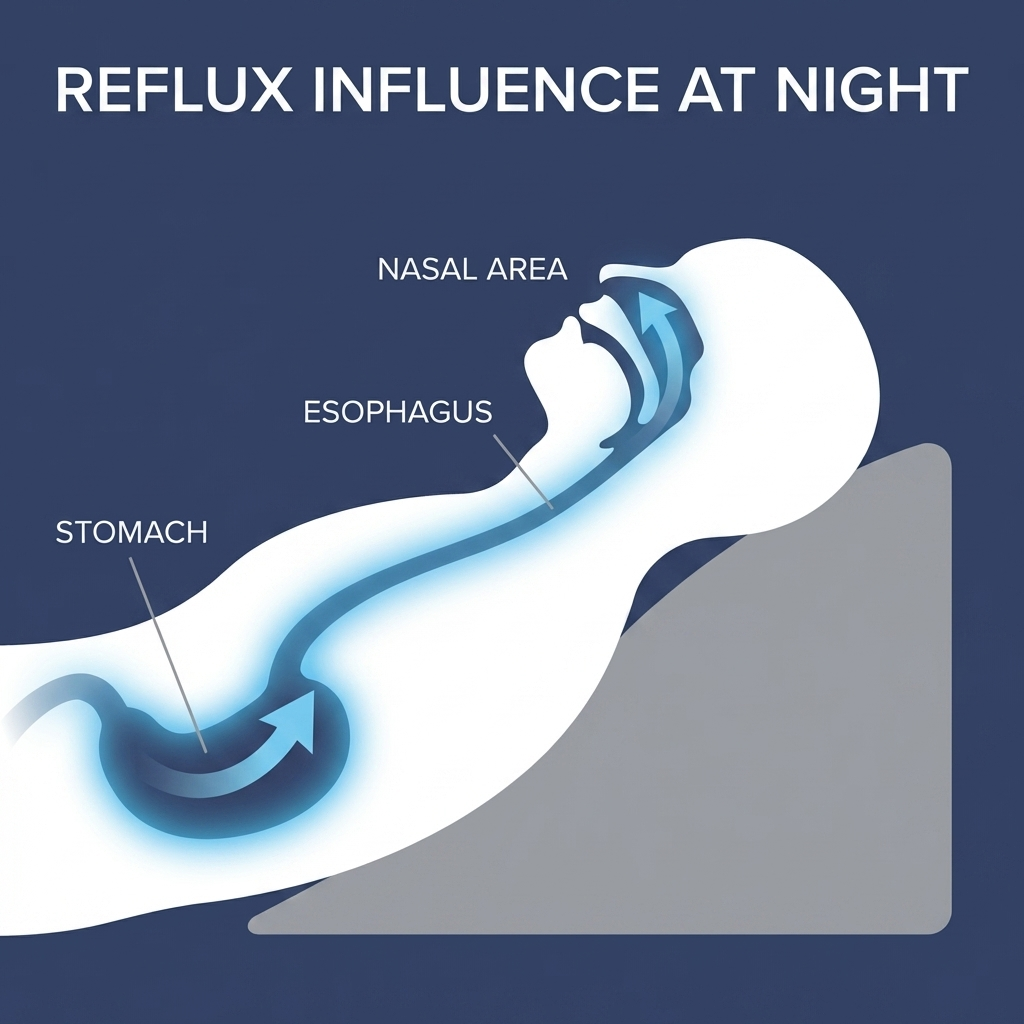 Reflux reaching the upper airway at night; wedge elevation can help
