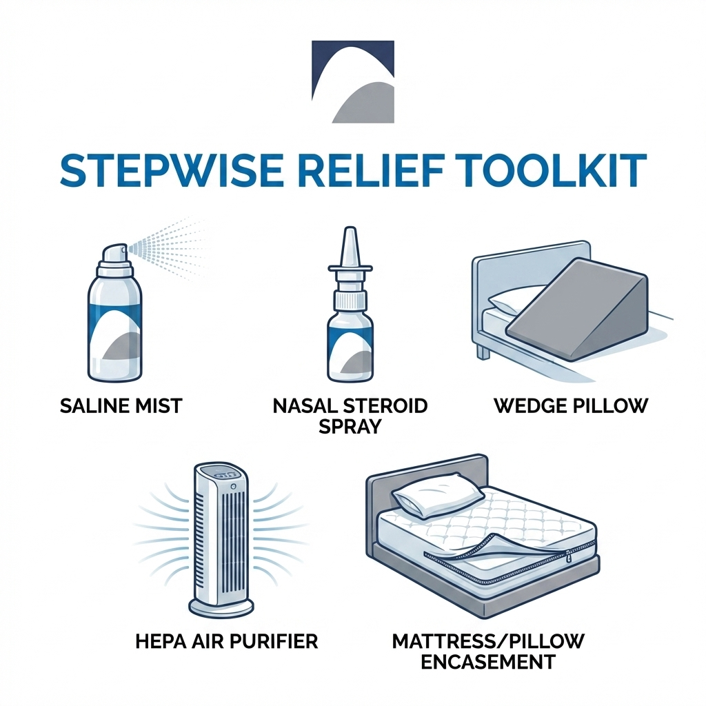 Relief toolkit: saline, nasal steroid spray, wedge pillow, HEPA purifier, and encasements
