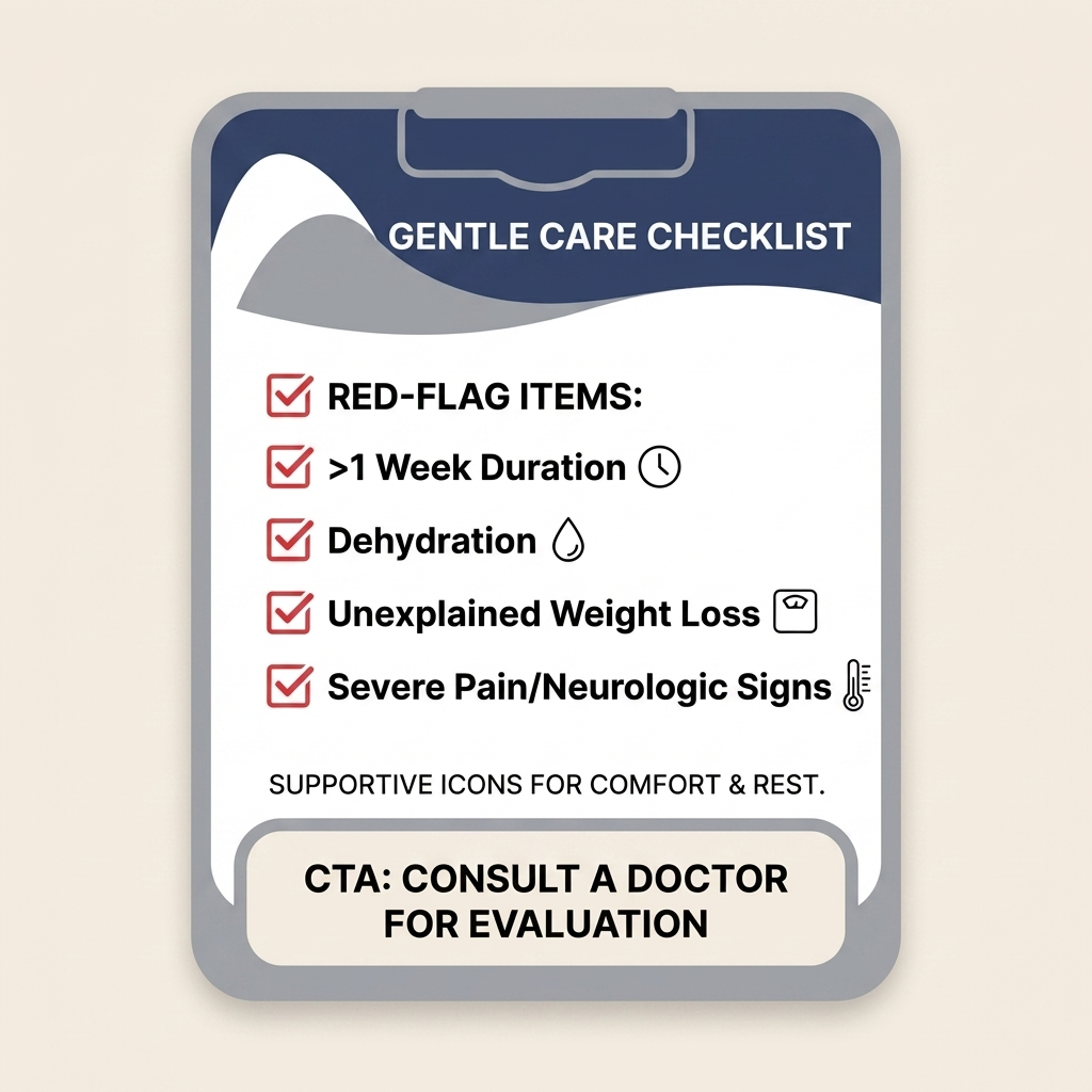 Checklist of red-flag symptoms: duration over 1 week, dehydration, unexplained weight loss, severe pain or neurologic signs.