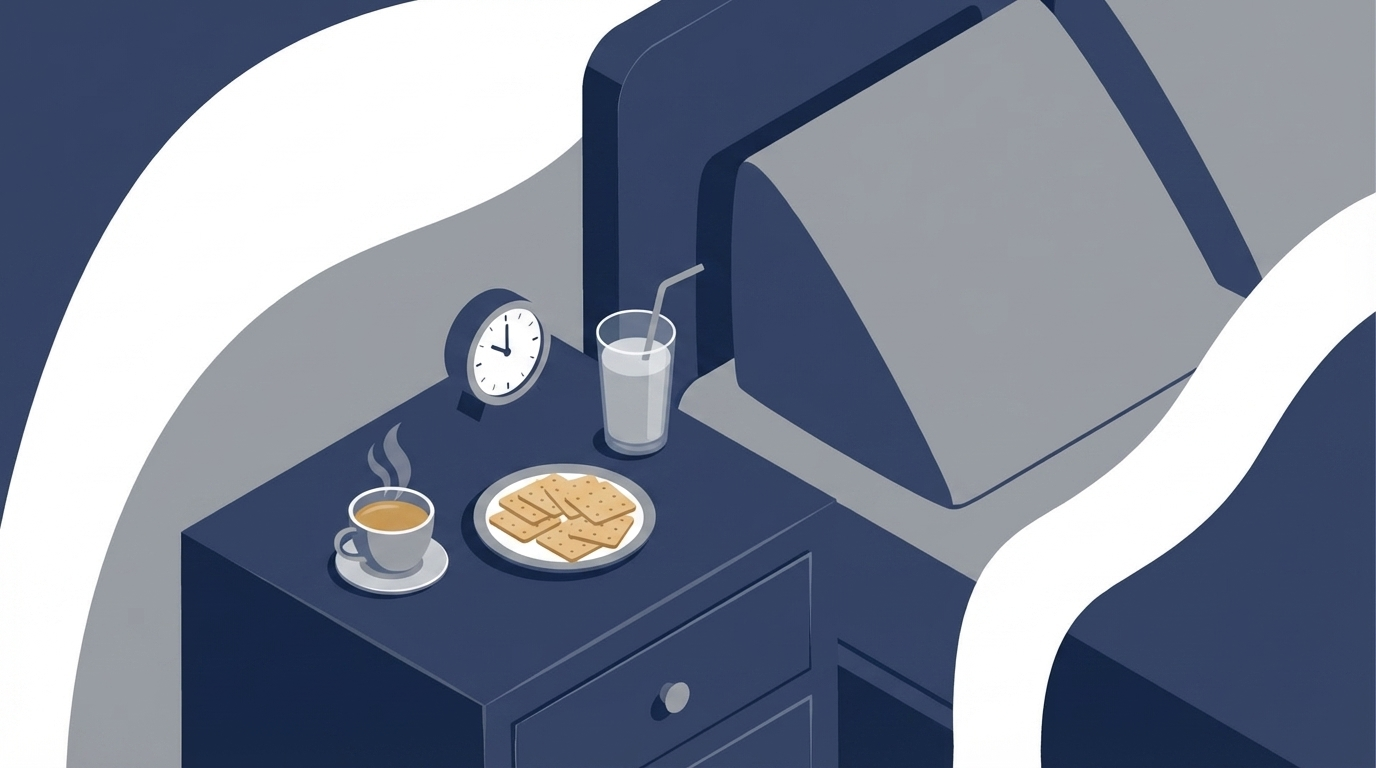 Nightstand relief kit with ginger tea, crackers, oral rehydration solution, and a wedge pillow nearby.