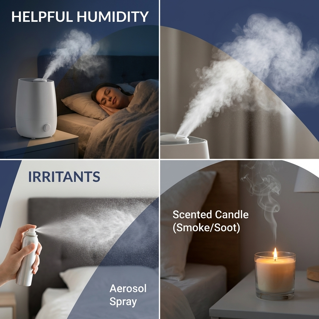 Helpful humidity contrasted with irritants like candles and sprays near bed