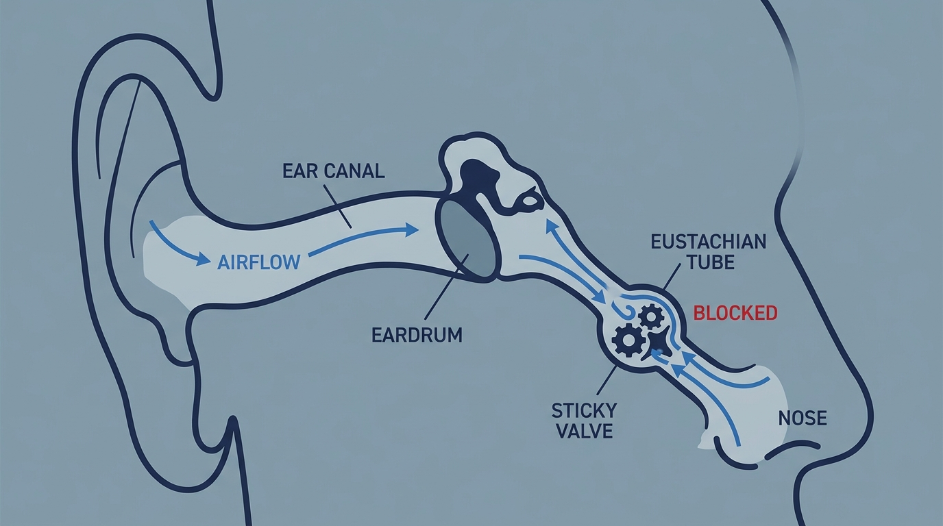 Diagram of eustachian tube dysfunction with sticky valve and airflow arrows