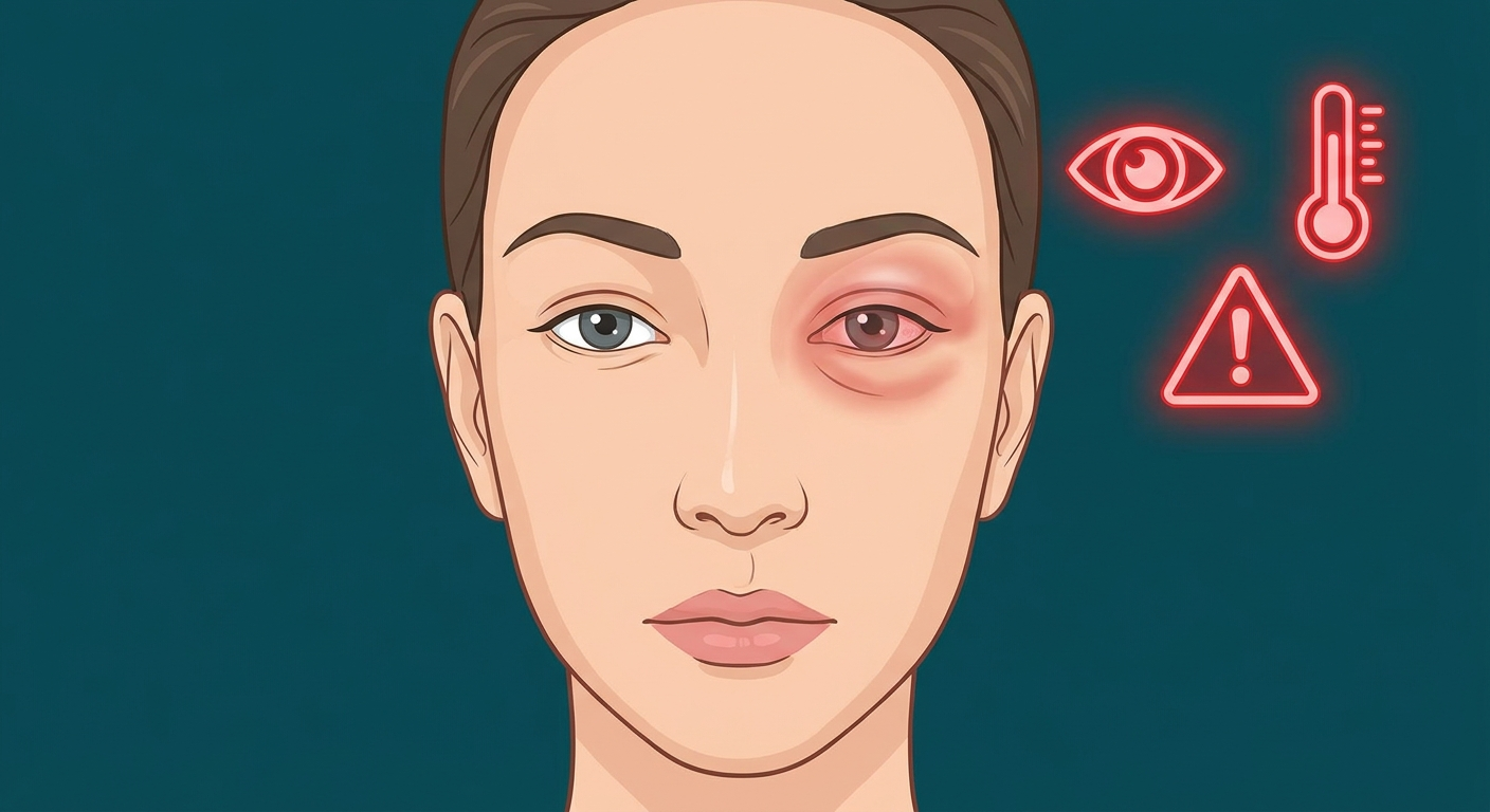 Front-view head with slightly puffy eye and red-flag icons: eye, thermometer, caution triangle
