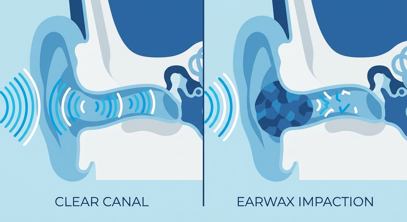 Clear ear canal vs earwax impaction split illustration