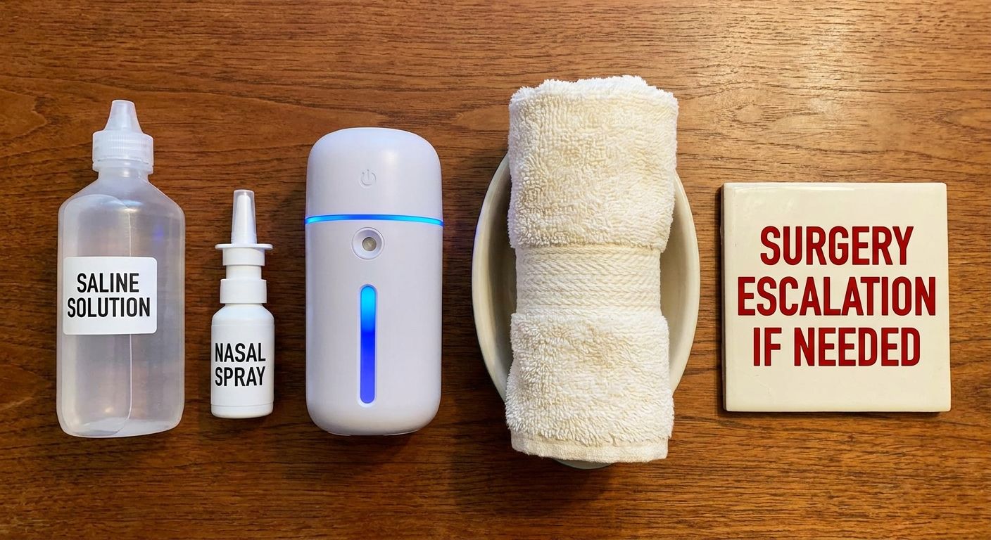 Treatment toolkit: saline, nasal spray, humidifier, warm towel, and a separate surgery tile for escalation