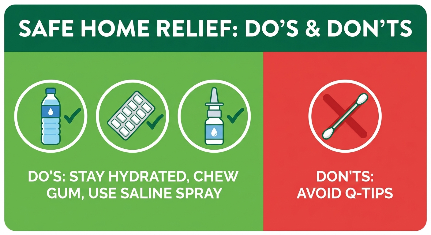 Icons showing safe home relief and a crossed-out Q-tip