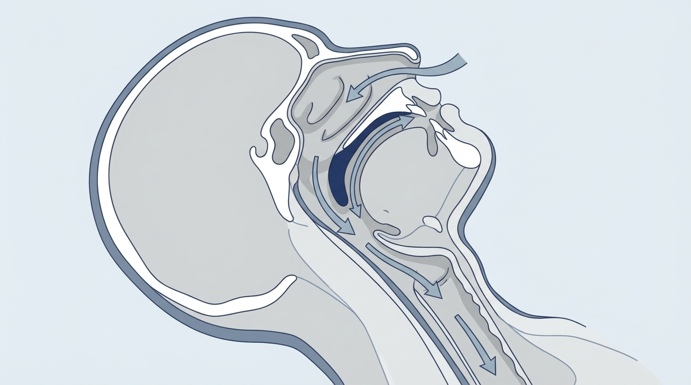 Head and throat cross-section showing soft palate and airflow