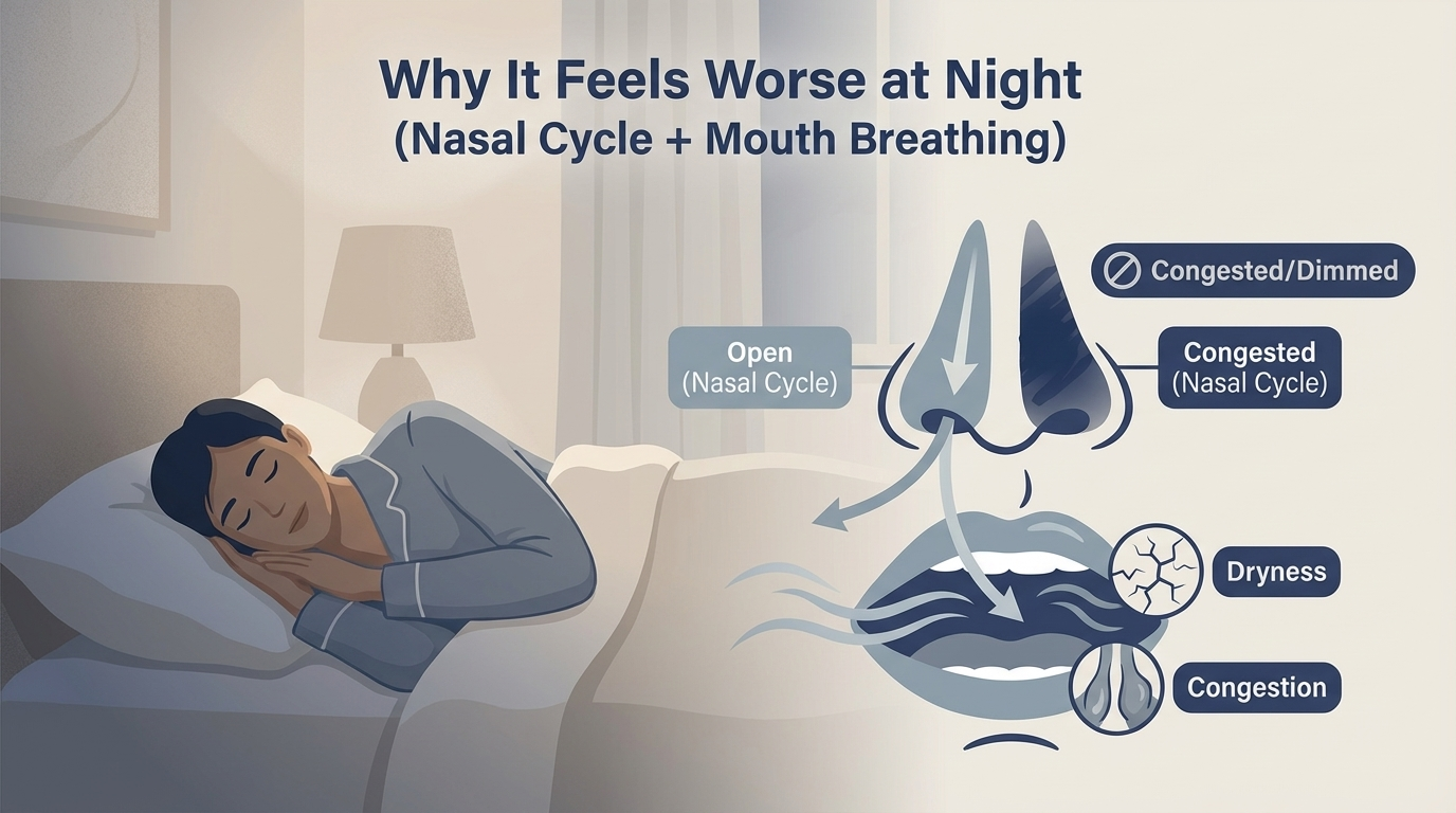 Why it feels worse at night: nasal cycle and mouth breathing during sleep