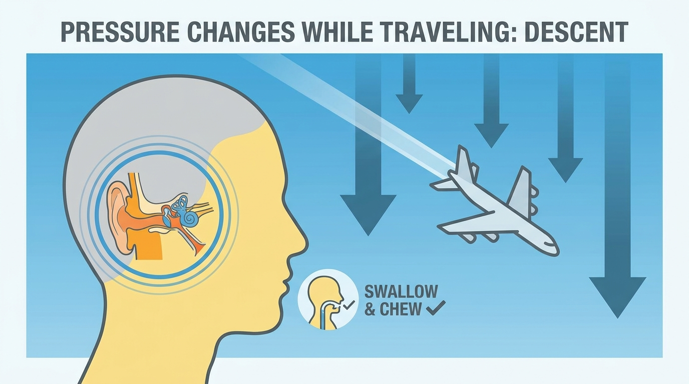Airplane descent with ear pressure and swallow/chew icon