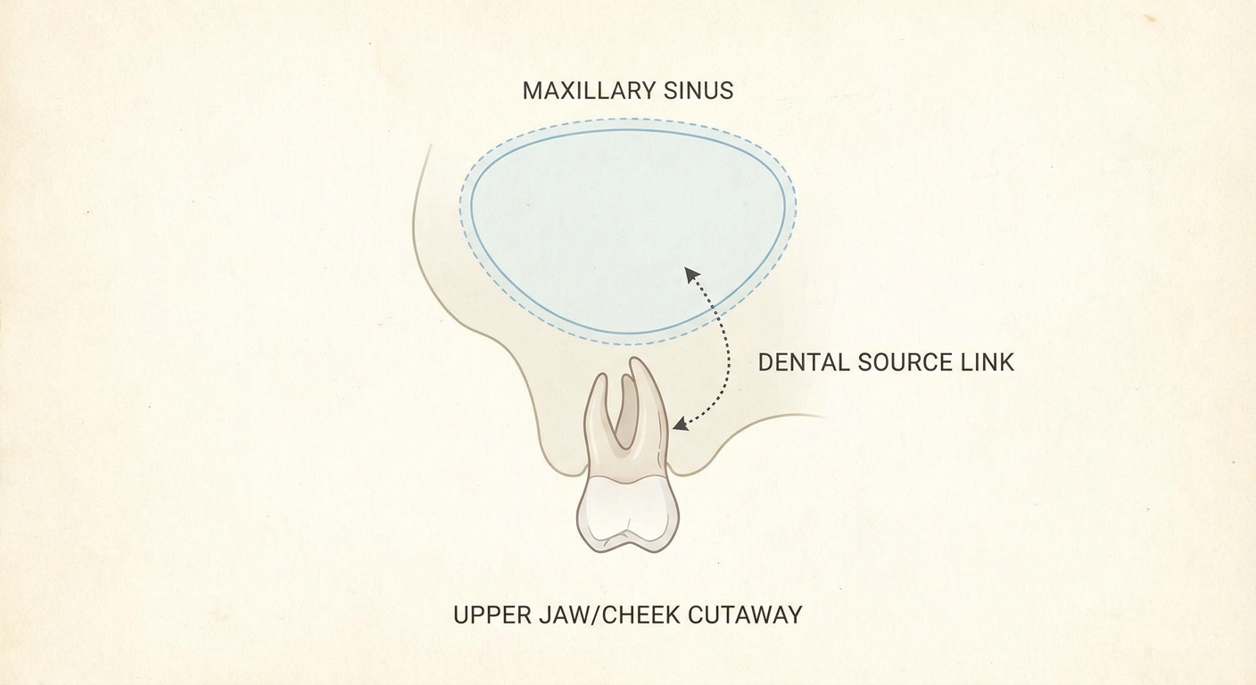 Upper molar next to maxillary sinus with dotted path indicating a dental source
