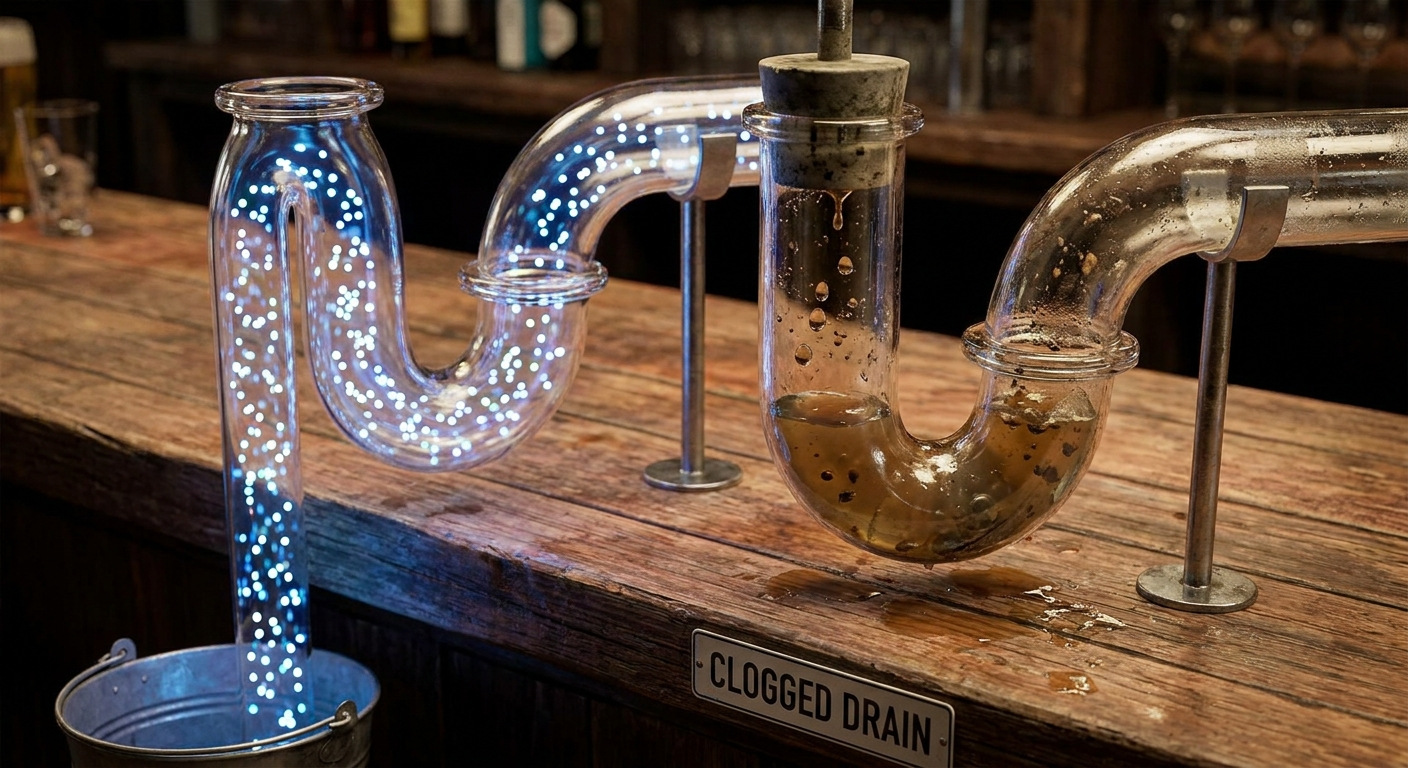 Two U-shaped pipes: one flowing, one blocked with pooled droplets, illustrating a clogged drain