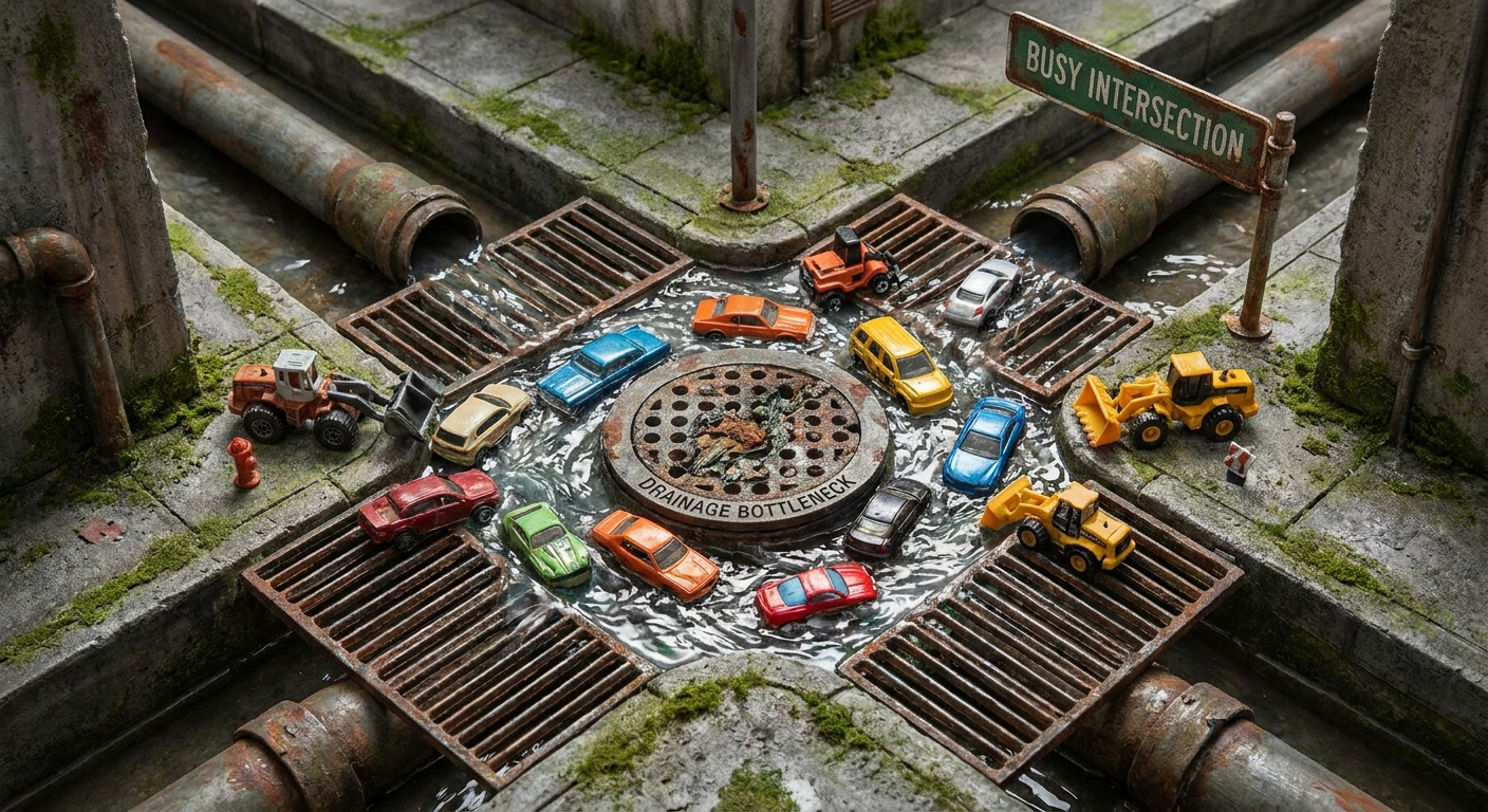 Drainage bottleneck metaphor at a busy intersection