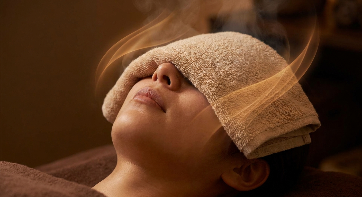 Warm towel compress across cheeks and bridge of the nose with gentle heat waves