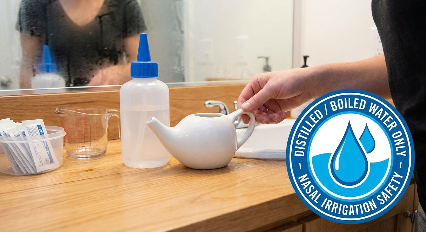 Saline nasal irrigation tools with a distilled or boiled water safety badge