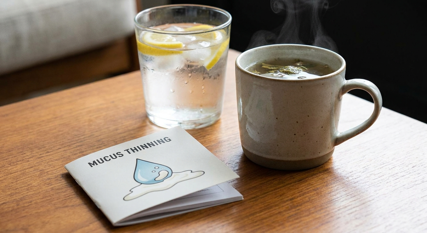 Hydration with a glass of water and herbal tea, droplets suggesting mucus thinning
