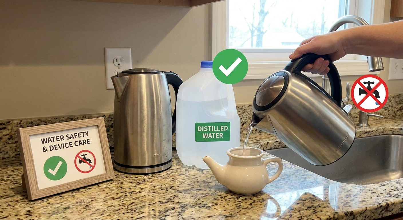 Water safety and device care: kettle, distilled-water jug, neti pot, checkmark, and crossed-out tap icon
