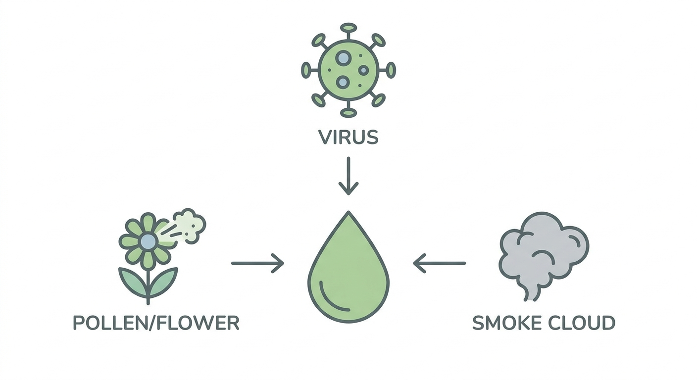 Icons of virus, pollen, smoke around green droplet