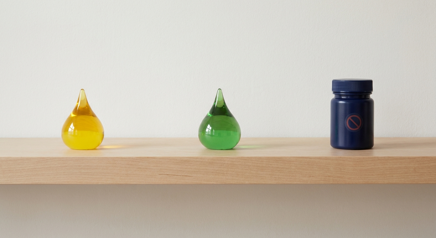 Quick answer icons: yellow drop, green drop, pill bottle with slash