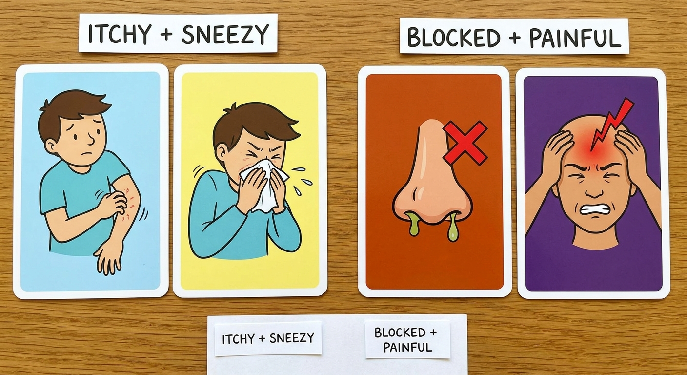 Symptom contrast cards: Itchy + sneezy vs. Blocked + painful