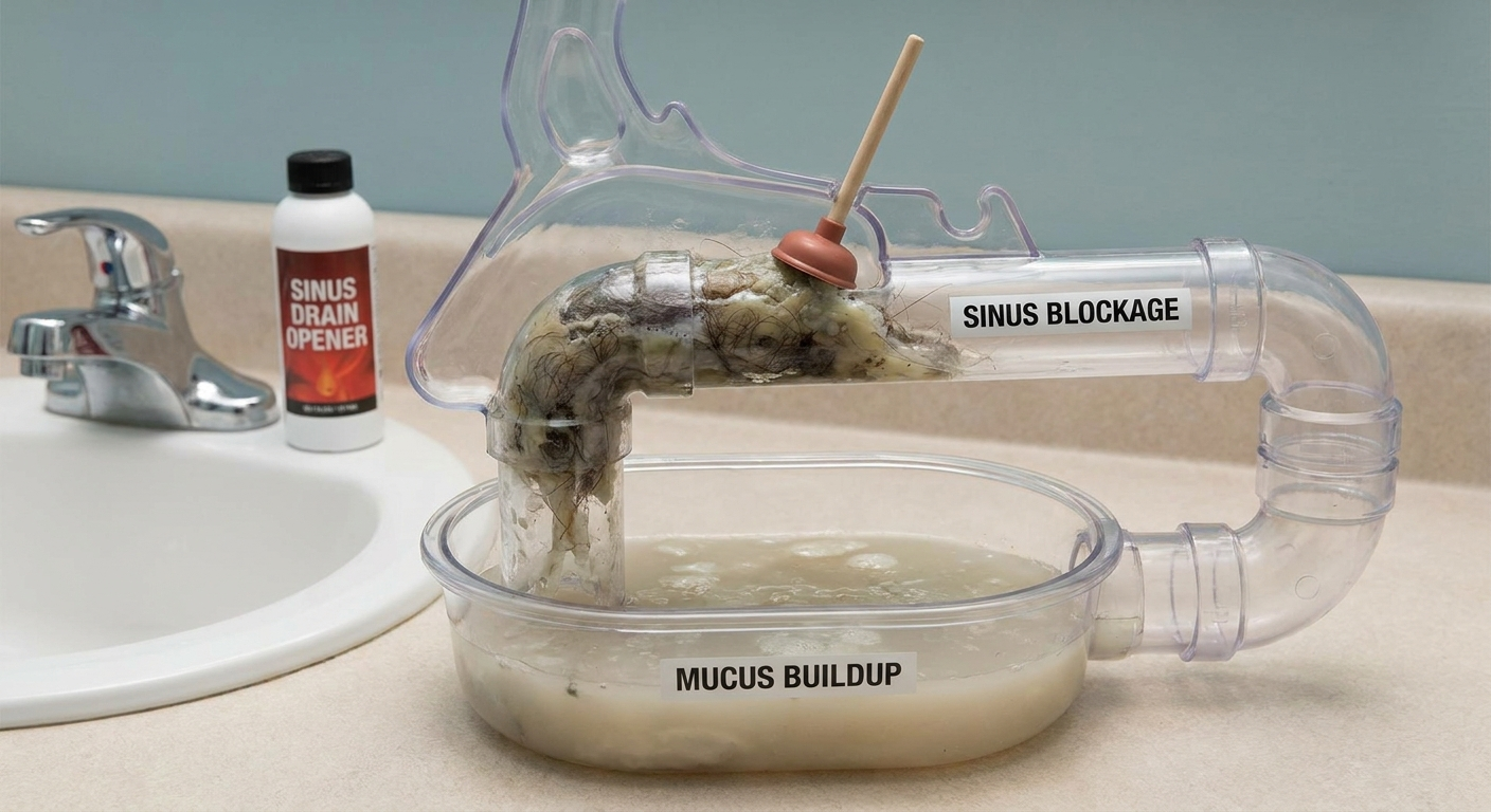 Clogged drain analogy for sinus blockage