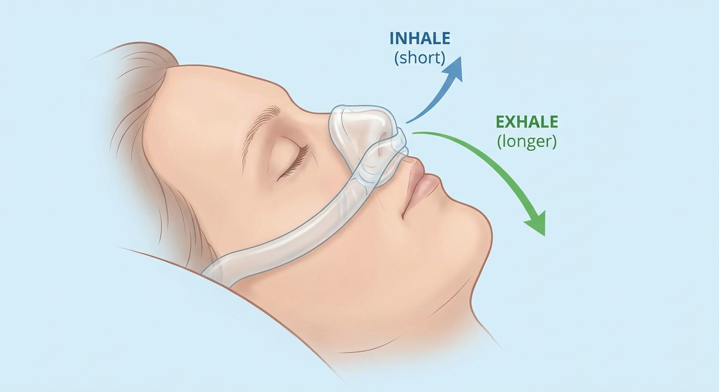 Calm breathing with mask on: short inhale, longer exhale