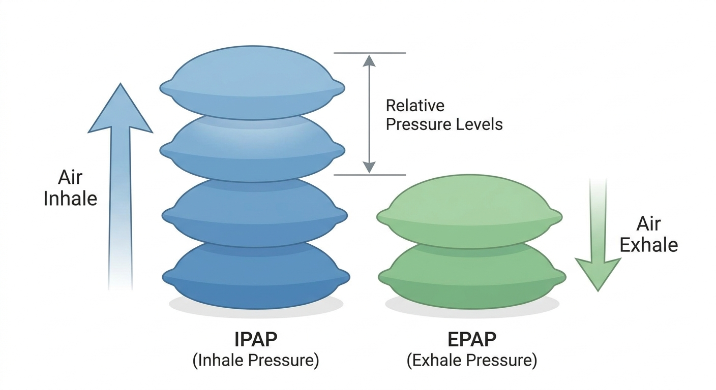 IPAP vs EPAP: inhale pressure higher than exhale with minimalist arrows and stacks
