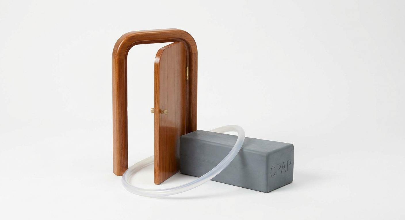 CPAP splints the airway open: minimal door held open by a wedge on white background