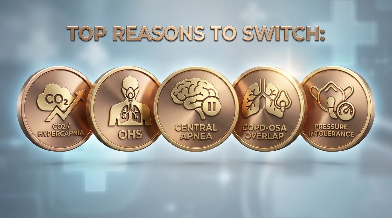 Top reasons to switch: five embossed icon coins for CO2, OHS, central apnea, COPD-OSA overlap, pressure intolerance