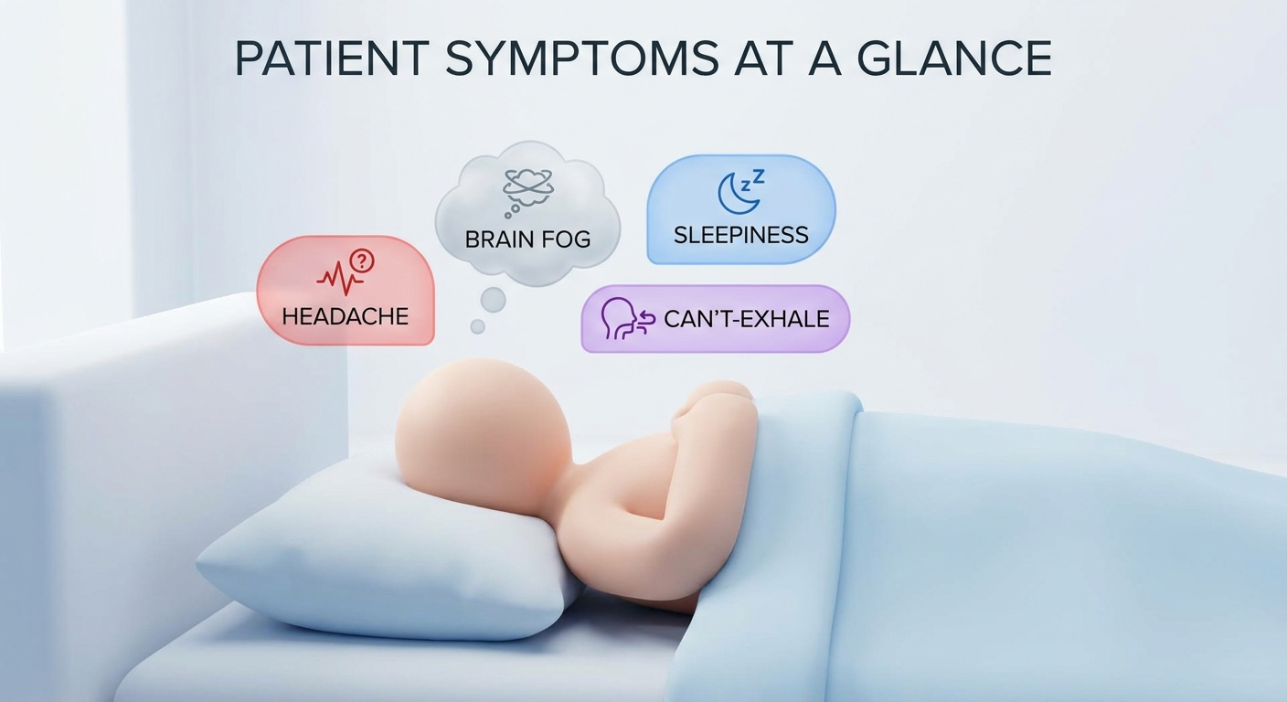 Patient symptoms: person on pillow with bubbles for headache, brain fog, sleepiness, can’t-exhale
